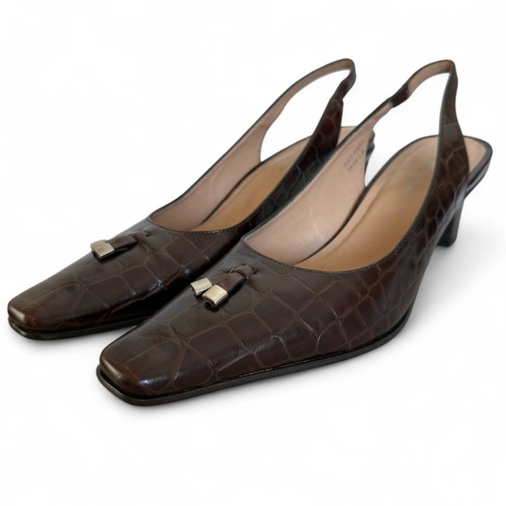 Worthington Brown Croc-Embossed Slingback Heels with Silver Accent